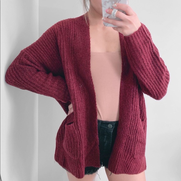 ‘INESSA’ Oversized Open Front Cardigan Burgundy - Picture 4 of 8